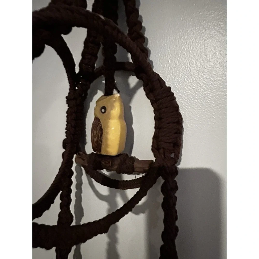 70's Macrame Hanging Plant Holder Ceramic‎ Owl Boho Beads Hippie 58